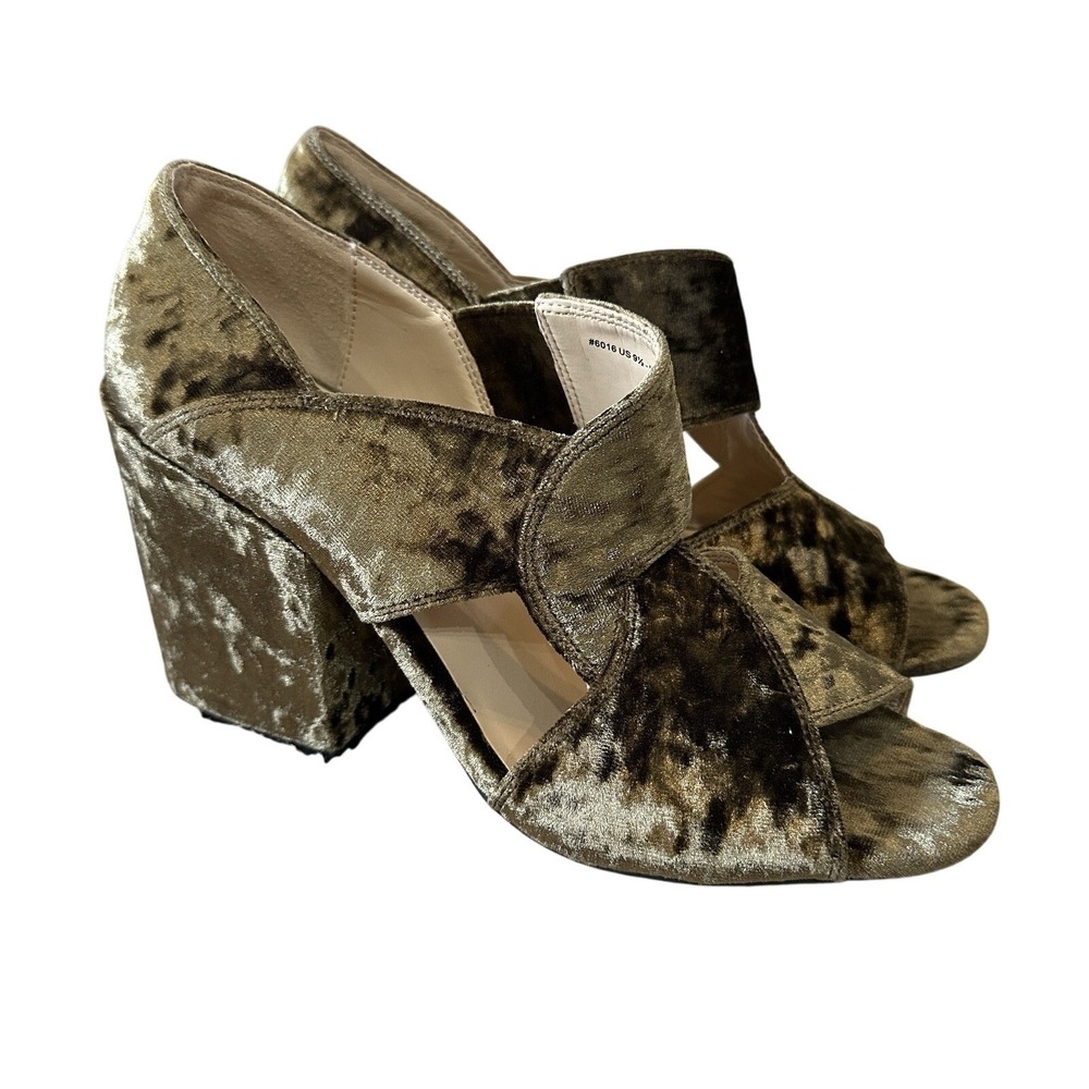Cabi Interlock Block Heel Womens Sz 9.5 Green Moss Crushed Velvet Open Toe Shoes